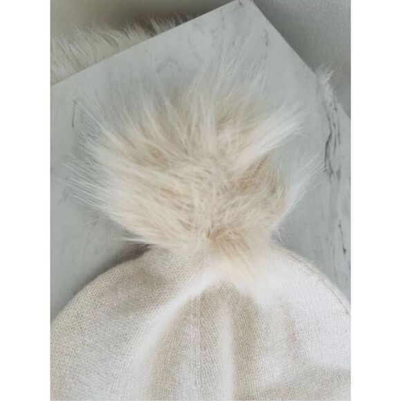Nordstrom Faux Fur Cashmere Pompom Beanie, Pink, 100% Ivory Cream, NWT - Picture 5 of 10